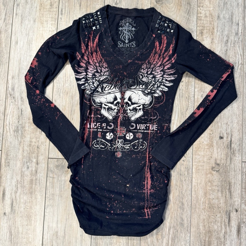 Rebel Saints Winged Skull Long Sleeve Shirt Studded V-Neck Grunge Y2K Size S